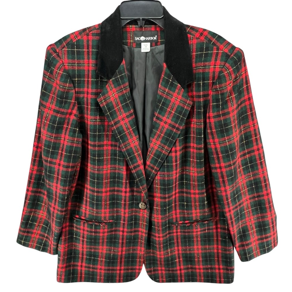 Vintage Tartan Plaid Wool Blend Blazer 14 Red Multi Velvet Collar Retro Holiday